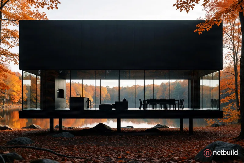 Minimalist black rectangular cabin elevated on stilts in an autumn forest, architectural photography. Matte black upper section contrasting with floor...