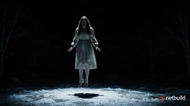 Cinematic wide shot of a young woman with long wavy hair levitating mid-air, wearing a vintage pale long-sleeved dress, white stockings, and pale heel...